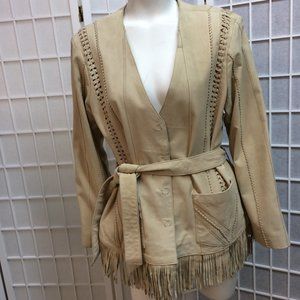 Fringed leather belted jacket, PXL